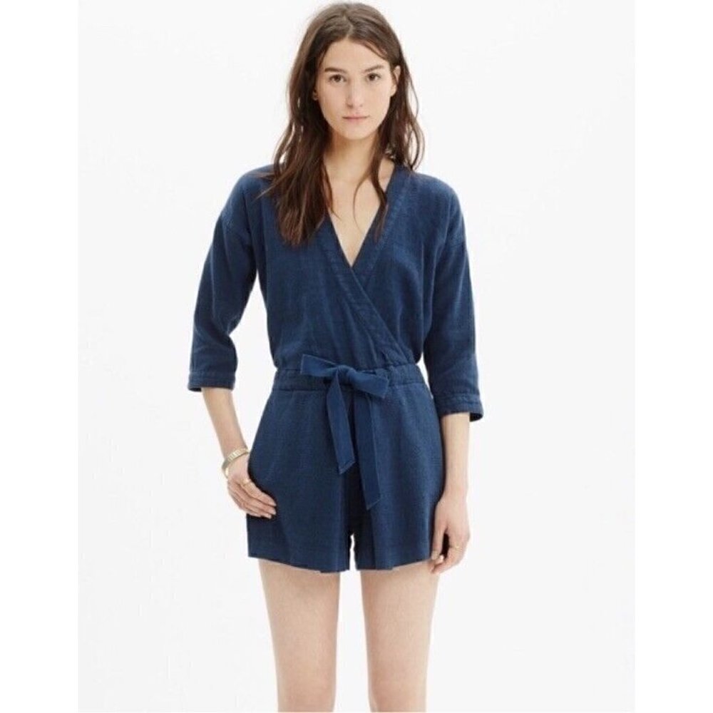 Madewell Women's Sz XS Kimono Wrap Front Navy Blue Romper Jumpsuit